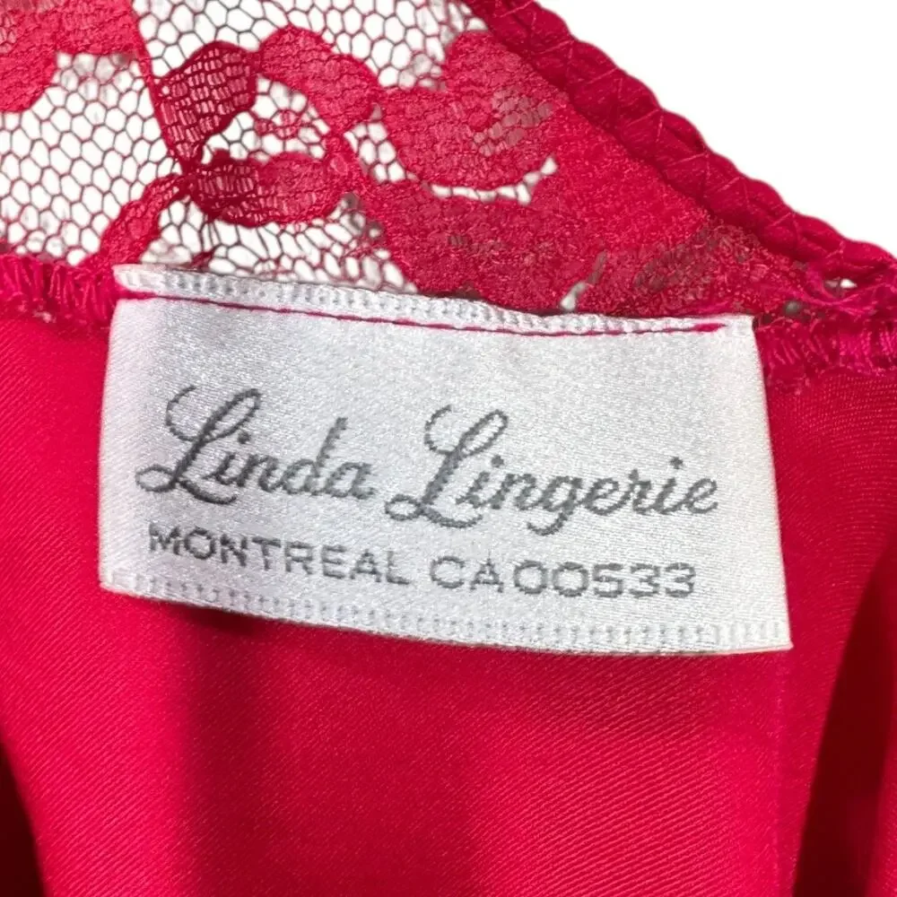 Vintage Linda Lingerie Nightgown Red Silky Nylon Lace Small Slip Dress Long - Picture 5 of 5